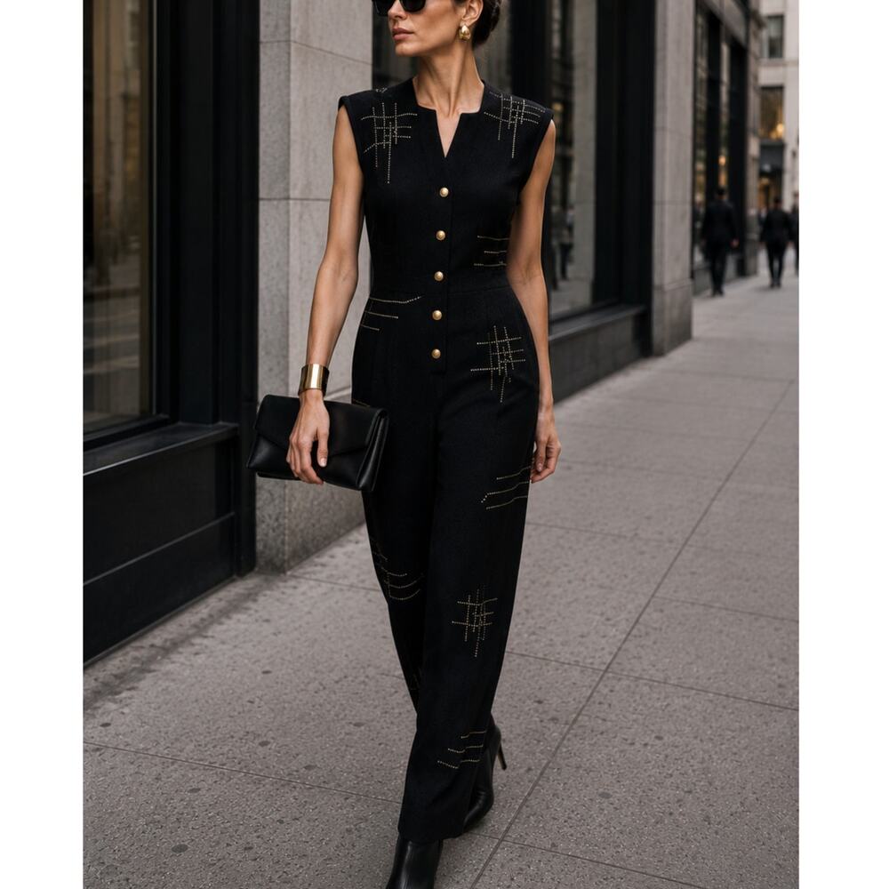 Jennifer Roberts Vintage Black Metallic Studded Jumpsuit one piece art wear S/M - Picture 1 of 14